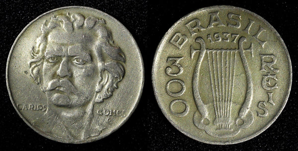 BRAZIL Carlos Gomes Copper-Nickel 1937 300 Reis KM# 538 (27 787)