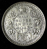 India-British George VI Silver 1943 (B) 1/2 Rupee Bombay UNC Luster KM# 552 (26)