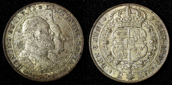 SWEDEN Oscar II Silver 1907 EB 2 Kronor Golden Wedding Anniv. KM#776 (144)