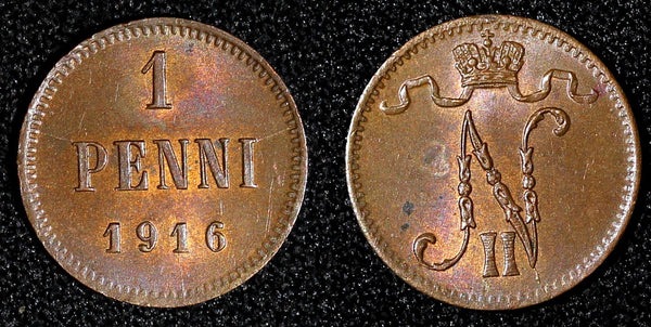 FINLAND Nicholas II Copper 1916 1 Penni Last Year Type UNC Toned KM# 13 (27 724)