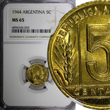 ARGENTINA Aluminum-Bronze 1944 5 Centavos NGC MS65 TOP GRADED KM# 40 (029)