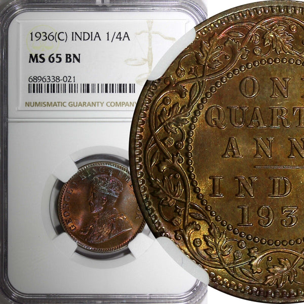 India-British George V Bronze 1936 (C) 1/4 Anna NGC MS65 BN RAINBOW KM#512 (1)