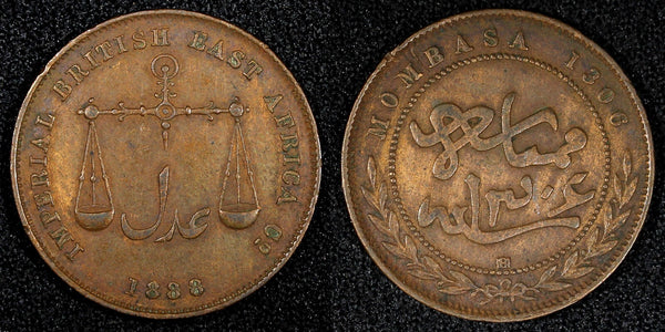 MOMBASA Bronze 1306 (1888) CM 1  Pice  Calcutta India Mint KM# 1.1 (27 118)