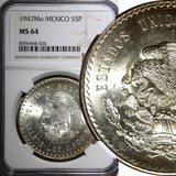 MEXICO Silver 1947 Mo 5 Pesos NGC MS64 Cuauhtemoc 40mm Nice Toned KM# 465 (026)