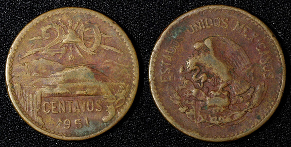 Mexico ESTADOS UNIDOS MEXICANOS Bronze 1951 Mo 20 Centavos SCARCE DATE KM#439(0)