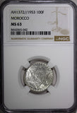 Morocco Mohammed V Silver AH1372 1953 100 Francs NGC MS63 Y# 52 (042)