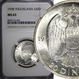 Yugoslavia Petar II Silver 1938 20 Dinara 1 Year Type NGC MS63 KM# 23 (42)