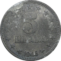 Yugoslavia Zinc 1945 5 Dinara WWII Issue 26.5mm 1 Year Type UNC KM# 28 (24 482)