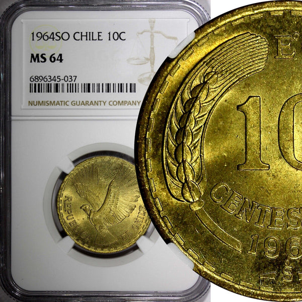 CHILE Aluminum-Bronze 1964 SO  10 Centesimos NGC MS64 KM# 191 (037)