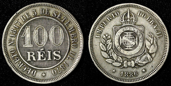 BRAZIL Pedro II Copper-Nickel 1886 100 Reis 1st Year for Type KM# 483 (28 278)