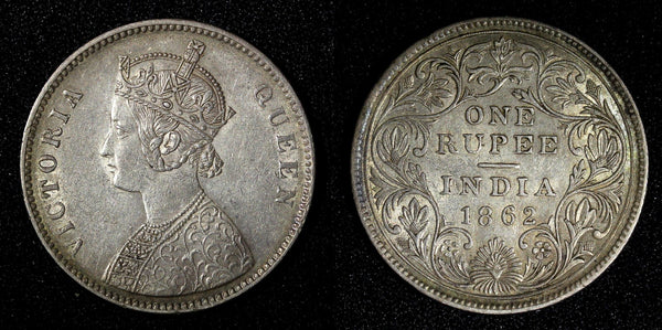 India-British Victoria Silver 1862 Rupee No Dots aUNC KM# 473 (27 555)