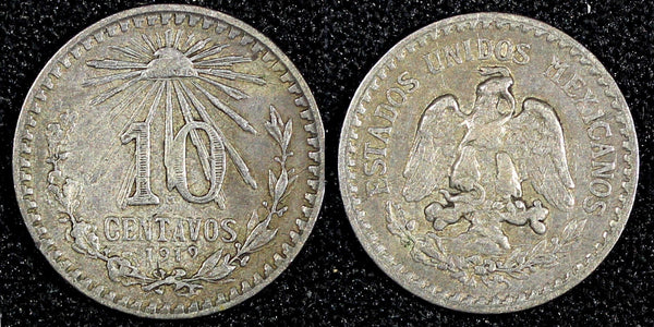 MEXICO Silver 1919 M 10 Centavos 1 YEAR TYPE KM# 429 (27 290)