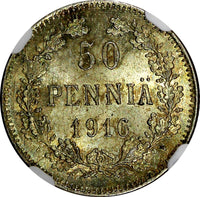 Finland Nicholas II Silver 1916 S 50 Penniä NGC MS66 GEM BU COIN KM# 2.2 (014)