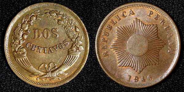 Peru Copper 1946 2 Centavos UNC KM# 212.2 (28 274)