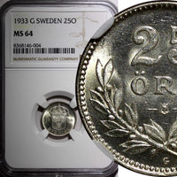 Sweden Gustaf V Silver 1933 G 25 Öre BETTER DATE NGC MS64 BU COIN KM# 785 (004)