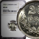 Sweden Gustaf V Silver 1933 G 25 Öre BETTER DATE NGC MS64 BU COIN KM# 785 (004)