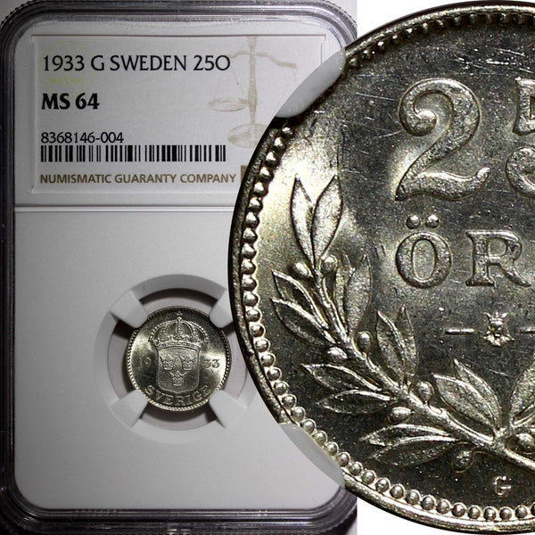 Sweden Gustaf V Silver 1933 G 25 Öre BETTER DATE NGC MS64 BU COIN KM# 785 (004)