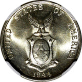 Philippines Silver 1944 D 20 Centavos NGC MS65 Nice GEM BU  KM#182 (026)