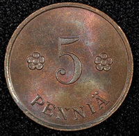 FINLAND Copper 1930 5 Penniä BETTER DATE UNC Toned KM# 22 (24 008)