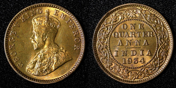 India-British George V Bronze 1934 (C) 1/4 Anna GEM BU Red Toned KM# 512 (696)