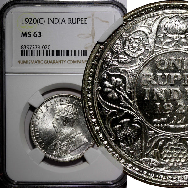 India-British George V Silver 1920 (C) Rupee NGC MS63 Calcutta Mint KM# 524 (20)