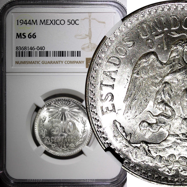 Mexico ESTADOS UNIDOS Silver 1944 M 50 Centavos NGC MS66 GEM BU KM# 447 (040)