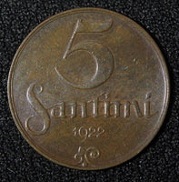 LATVIA	Bronze  1922 5 Santimi HUG  Switzerland Mint KM# 3 (28 009)