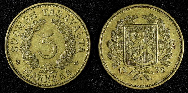 Finland Aluminum-Bronze 1938 S 5 Markkaa KM# 31 (27 714)