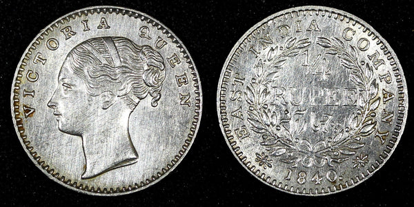 India-British Victoria Silver 1840 (B) 1/4 Rupee Bombay Mint XF KM# 453.1 (348)