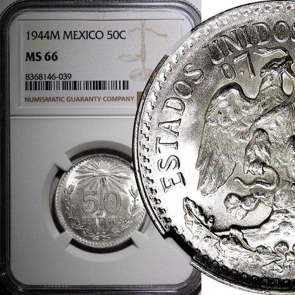 Mexico ESTADOS UNIDOS Silver 1944 M 50 Centavos NGC MS66 GEM BU KM# 447 (039)