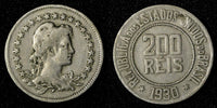 BRAZIL Copper-Nickel 1930 200 Reis Liberty 25mm KM# 519 (27 800)