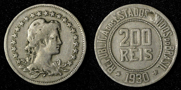 BRAZIL Copper-Nickel 1930 200 Reis Liberty 25mm KM# 519 (27 800)