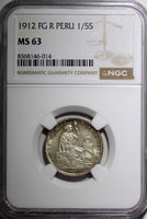 PERU Silver 1912 FG R 1/5 Sol NGC MS63 Mintage-300,000 Nice Toned KM# 205.2 (4)
