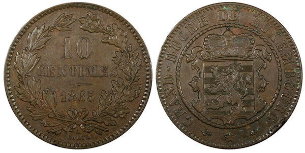Luxembourg William III Bronze 1865 A  10 Centimes Paris Mint  KM# 23.2 (24 507)