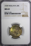 MALAYA George VI Silver 1939 20 Cents NGC MS63 1 Year Type Nice Toned KM# 5 (01)