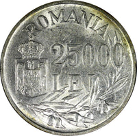ROMANIA Mihai I Silver 1946 25000 Lei 32mm 1 Year Type XF+ KM# 70 (24 296)