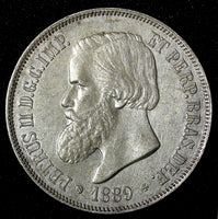 BRAZIL Pedro II Silver 1889 2000 Reis 37mm Last Year Type  XF KM# 485 (27 412)