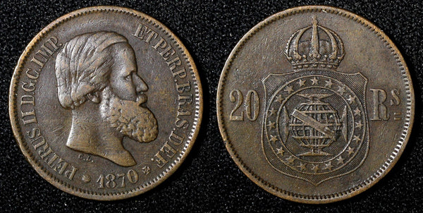 BRAZIL Pedro II Bronze 1870 20 Reis Last Year Type  KM# 474 ( 27 518)