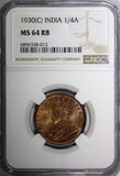 India-British George V Bronze 1930 (C) 1/4 Anna NGC MS64 RB KM# 512 (013)