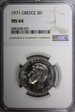 GREECE Constantine II Copper-Nickel 1971 5 Drachmai NGC MS64 KM# 100 (025)