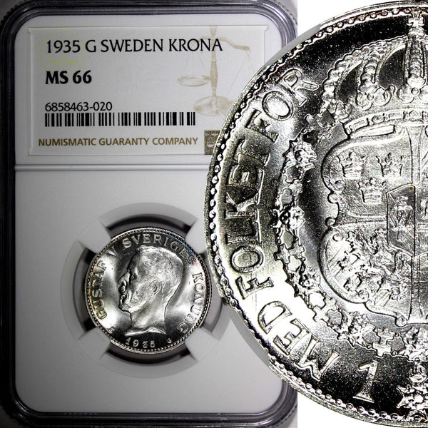 SWEDEN Gustaf V Silver 1935 1 Krona NGC MS66 GEM BU  KM# 786.2 (020)