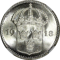 Sweden Gustaf V (1908-1950) Silver 1918 W 10 Ore NGC MS64 GEM BU KM# 780 (017)