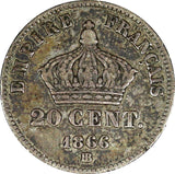 FRANCE Napoleon III Silver 1866 BB 20 Centimes Toned KM# 805.2 (25 050)