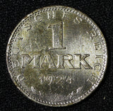Germany - Weimar Republic Silver 1924 A 1 Mark Berlin Mint KM# 42 (30 076)