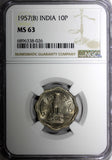 India-Republic Copper-Nickel 1957 (B) 10 Naye Paise NGC MS63 KM# 24.1  (026)