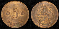 FINLAND Copper 1928 5 Penniä CHOICE UNC Toned KM# 22 (27 186)