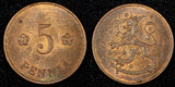 FINLAND Copper 1928 5 Penniä CHOICE UNC Toned KM# 22 (27 186)