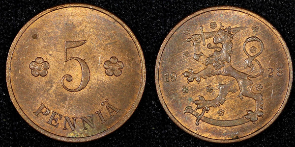 FINLAND Copper 1928 5 Penniä CHOICE UNC Toned KM# 22 (27 186)