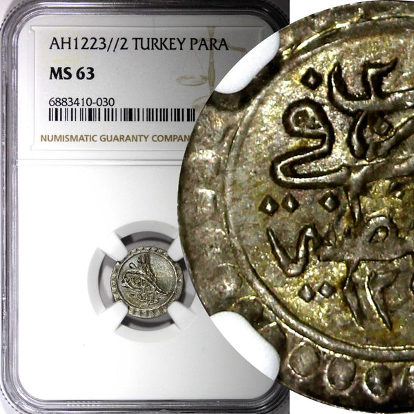 TURKEY Mustafa II Silver AH1223 Year 2 Para NGC MS63 Toned TOP GRADED KM# 551(0)