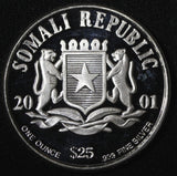 SOMALI Republic Silver Proof 2001 $25.00 Pope John Paul II AR-0.999  1 Oz (897)